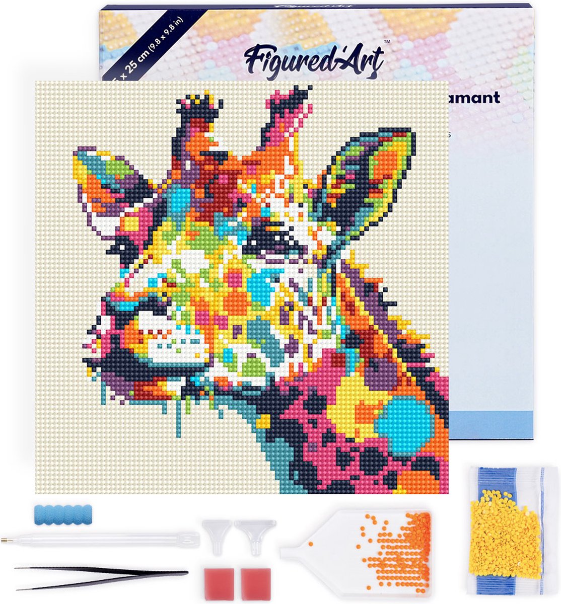 FiguredArt Mini Diamond Painting set Volwassenen 25x25 cm met lijst Giraffe Abstracte Pop-Art - 5D DIY Art full drill ronde diamant - Canvas al ingelijst